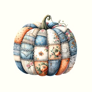 May include: A decorative pumpkin with a patchwork design. The pumpkin is made of various fabric patches in shades of blue, orange, and white, with floral and denim details. The stem is green and curved. Buttons and pockets are visible.