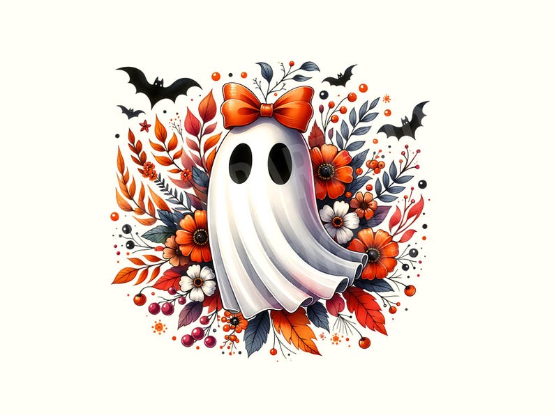 Może przedstawiać: Ilustracja białego ducha z czarnymi oczami i pomarańczową kokardą. Duch otoczony jest jesiennymi liśćmi, pomarańczowymi i białymi kwiatami oraz czarnymi nietoperzami, tworząc motyw Halloween. Efekt akwareli.