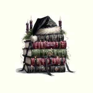 May include: A stack of books decorated for the holidays. A black Santa hat with a gold emblem sits atop the books. The books are in various colors, including black, red, and green, and are adorned with gold accents and ribbons. The text "MERRY SMUTMAS" is visible.