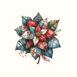 May include: A watercolor illustration of a poinsettia flower with patchwork-style leaves and petals. The leaves are blue, green, and red, with floral and plaid patterns. The flower has a central cluster of small, detailed buds and a ribbon.