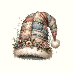 May include: A whimsical patchwork hat with a floral and lace design. The hat features a white faux fur trim and is adorned with a garland of flowers. The hat has a red pom-pom at the tip.