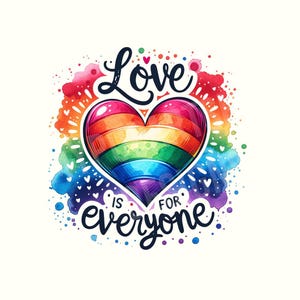 Może przedstawiać: Kolorowy akwarelowy wzór z tęczowym sercem i napisem "Love is for everyone". Serce jest obrysowane na biało i otoczone kolorowymi plamami akwareli. Kolory obejmują czerwień, pomarańcz, żółty, zielony, niebieski i fioletowy.
