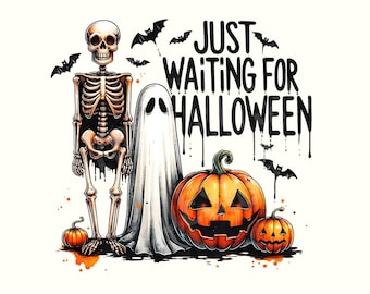 May include: A Halloween-themed illustration featuring a skeleton, a ghost, and two jack-o'-lanterns. The text "JUST WAITING FOR HALLOWEEN" is displayed above the pumpkins. Black bats are scattered around the characters, with orange paint splatters.