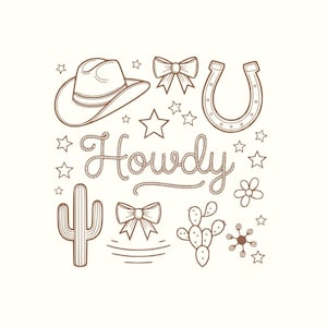 Puede incluir: Ilustración de línea marrón con un sombrero de vaquero, herradura, lazos, estrellas, cactus y una flor. La palabra "Howdy" está escrita en una fuente de estilo cuerda. El diseño tiene un tema occidental o campestre.
