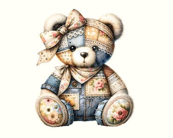Patchwork Teddy Bear Png Clipart, Coquette Png, Baby Shower, Digital Download, Sublimation