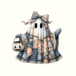 May include: A whimsical watercolor illustration of a ghost in a patchwork quilt costume. The ghost wears a large bow with floral patterns and holds a jack-o'-lantern basket. The costume features blue, white, and peach fabrics with lace trim, perfect for Halloween.