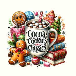 May include: A white mug filled with hot chocolate and marshmallows, surrounded by festive Christmas decorations, including gingerbread cookies, ornaments, and a stack of books. The mug has the text "Cocoa, Cookies and Classics" written on it.