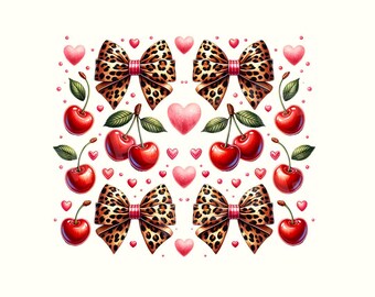 Coquette Leopard Bow and Cherries Png Clipart, Digital Download