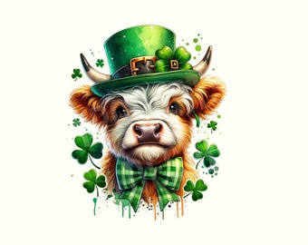 St Patrick's Day Highland Cow Png, Retro St Patricks, St Patrick's Day Png, Clover, Shamrock Png, Png Sublimation Design, Digital Download