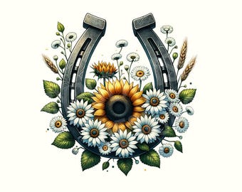 Aquarel bloemen hoefijzer clipart, paardenliefhebber png, hoefijzer bloemen png, hoefijzer png, sublimatie graphics, westerse clipartset