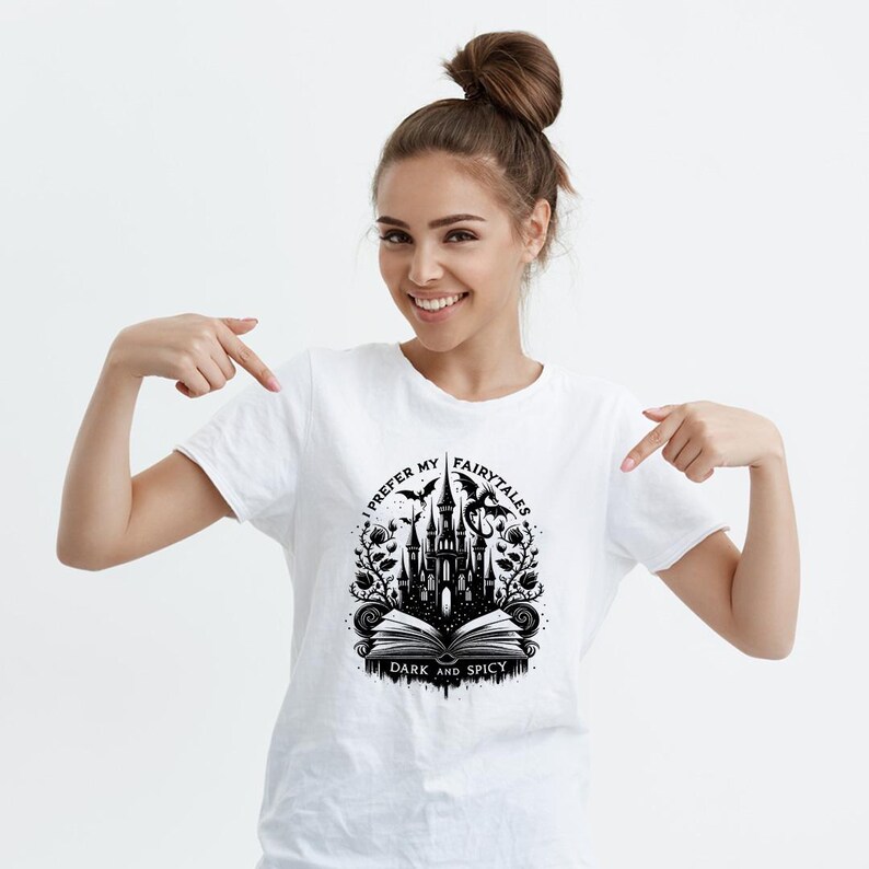 May include: White t-shirt with a black graphic of a castle, bats, and a dragon with the text "I prefer my fairytales dark and spicy".