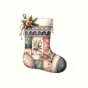 May include: A decorative Christmas stocking with a patchwork design. The stocking features various floral patterns in pastel colors, with lace and ribbon accents. A sprig of holly and a rose adorn the top.