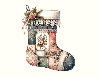 Patchwork Christmas Stocking Clipart, Stocking, Christmas Stocking, Digital Download, Christmas Png, Christmas Clipart, Patchwork
