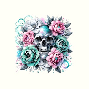 Floral Skull Sublimation Png, Flowers and Skeleton Sublimation Clipart Digital Design, Tropical Skull Digital Download File