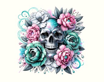 Floral Skull Sublimation Png, Flowers and Skeleton Sublimation Clipart Digital Design, Tropical Skull Digital Download File