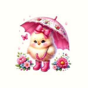 Op de afbeelding: Een schattig geel kuiken met een roze strik en regenlaarzen, onder een roze paraplu met bloemen. Roze bloemen en een vlinder dragen bij aan het lentethema in deze illustratie.