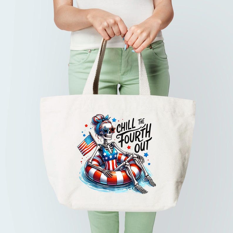 May include: White tote bag with a graphic of a skeleton wearing a red, white, and blue swimsuit and sunglasses, floating in a red, white, and blue inner tube. The text "Chill the Fourth Out" is printed on the bag.