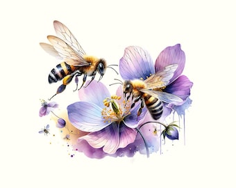 Bee Clipart Watercolor, Floral Bees PNG Clipart Set, Printable Watercolor Clip Art Bundle, Flowers and Bees Sublimation Designs