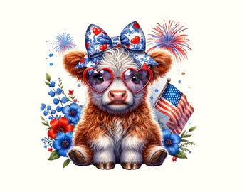 July 4th Highland Cow PNG, Merica Funny Cute Baby Cow, Coquette Fourth Of July Sublimation Design, Trendy America USA Popular PNG