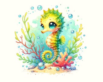 Sea Life Clipart, Marine Animals Kids Nursery Digital Sublimation Files, Digital Download, Seahorse