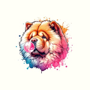 May include: A colorful illustration of a Chow Chow dog blowing a bubblegum bubble. The dog's fur is rendered in shades of orange, pink, and purple, with blue and orange watercolor splashes in the background. The bubble is a bright pink color.