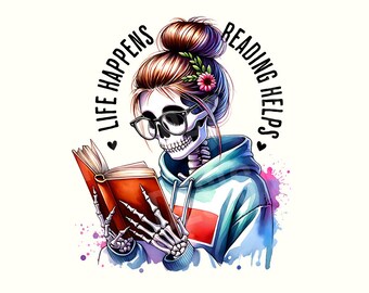 Funny Skeleton Book Lover Png, Digital Download