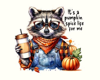 Otoño PNG, Clipart de otoño, Sublimación de otoño, Diseños de otoño PNG, Camiseta de otoño, Descarga digital, Mapache, Mapache PNG, Camiseta de mapache, Camiseta de calabaza especiada