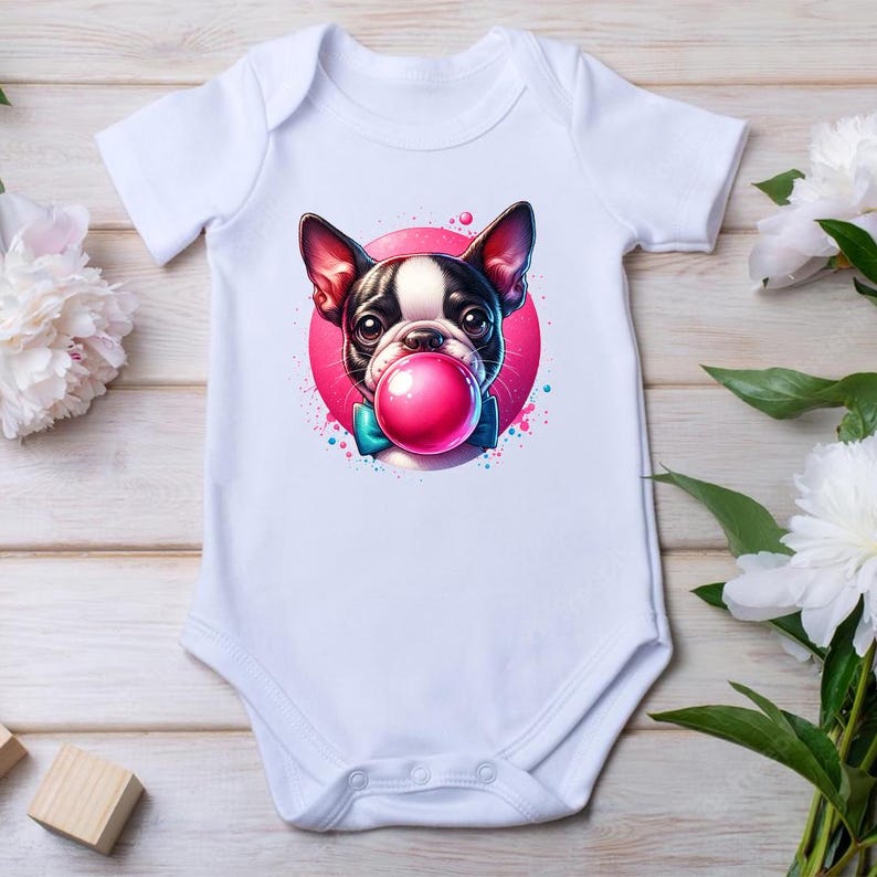 Peut inclure: Combinaison blanche pour b&eacute;b&eacute; avec une image de dessin anim&eacute; d'un bouledogue fran&ccedil;ais noir et blanc portant un n&oelig;ud papillon bleu et soufflant une bulle rose. L'arri&egrave;re-plan est un cercle rose avec des &eacute;claboussures bleues et roses.