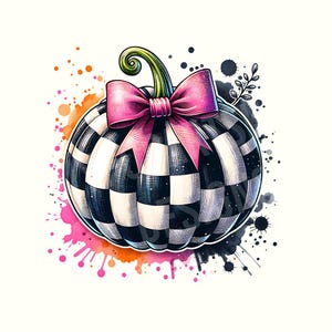 May include: A decorative pumpkin with a black and white checkered pattern. The pumpkin has a pink bow and a green stem. Colorful paint splatters in pink, orange, and black surround the pumpkin.