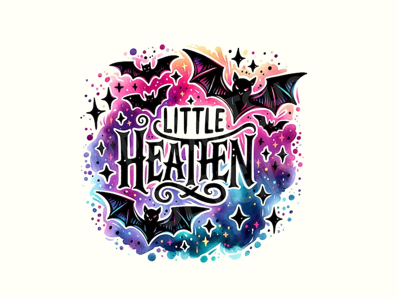 May include: A watercolor illustration of bats and stars with the text "Little Heathen" in a black, stylized font.