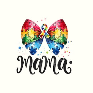 Puede incluir: Una ilustración de acuarela de un lazo de pieza de rompecabezas colorido con la palabra "mama" escrita en cursiva negra debajo. El lazo está hecho de piezas de rompecabezas en tonos de azul, verde, amarillo, rojo y naranja.