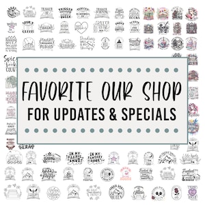 May include: A collection of black and white illustrations featuring book-themed designs. The designs include phrases such as "Reading Smut is my Therapy", "Trigger Warning: Charmed", "Fueled by Caffeine & Books", and "I Have Energy for Books & Villains". The text "FAVORITE OUR SHOP FOR UPDATES & SPECIALS" is displayed in a light blue box with a dotted border.