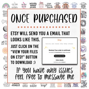 K&ouml;nnte beinhalten: Eine digitale Illustration eines Computerbildschirms, der eine Etsy-Bestellbest&auml;tigungs-E-Mail anzeigt. Die E-Mail lautet "Woohoo! Ihre Bestellung ist best&auml;tigt." und "Ihre Bestellung von WonderStitchUK ist zum Download bereit." Die E-Mail enth&auml;lt auch einen Button mit der Aufschrift "View your files on Etsy". Der Text "ONCE PURCHASED" ist in gro&szlig;en, fetten Buchstaben oben im Bild geschrieben. Unter der E-Mail steht der Text "If you have any issues feel free to message me" in gro&szlig;en, fetten Buchstaben.