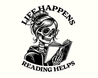Funny Skeleton Book Lover Png, Digital Download