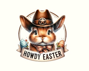 Peut inclure: Un lapin brun portant un chapeau de cowboy brun avec une étoile. Le lapin tient un nœud papillon à carreaux rouge et blanc. Le lapin est entouré d'œufs de Pâques et d'une bannière qui dit "Howdy Easter".