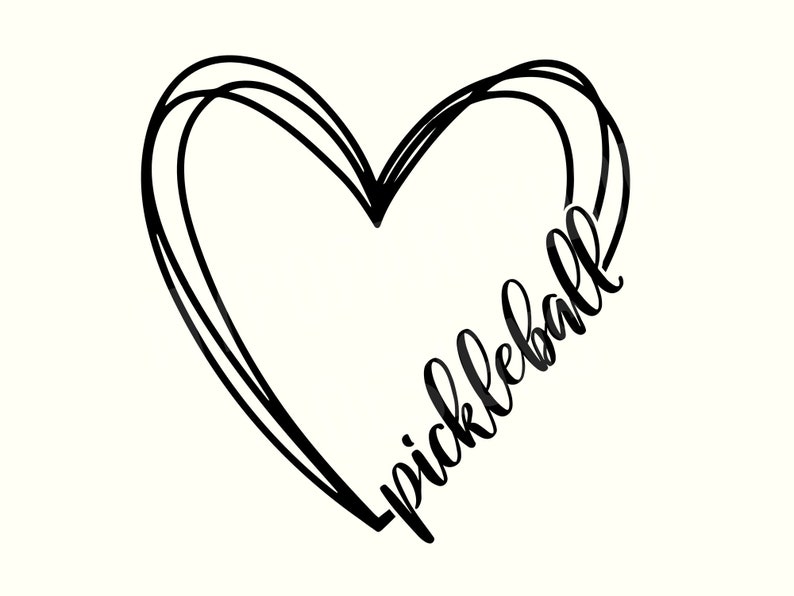May include: A black and white illustration of a heart with the word "pickleball" written inside it.