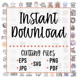 K&ouml;nnte beinhalten: Ein digital herunterladbares Grafikdesign-Produkt mit dem Text "Sofort-Download" und "Schneidedateien" in einem wei&szlig;en Quadrat mit einem rosa gepunkteten Rand. Der Text "EPS, SVG, PNG, JPG, PDF" ist unter dem Text "Schneidedateien" aufgef&uuml;hrt. Der Hintergrund ist ein wei&szlig;es Quadrat mit einem rosa gepunkteten Rand. Der Hintergrund ist mit verschiedenen bunten Grafikdesigns gef&uuml;llt.