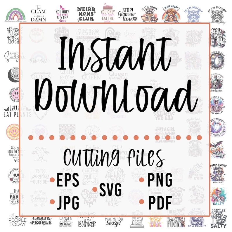 K&ouml;nnte beinhalten: Ein digital herunterladbares Grafikdesign-Produkt mit dem Text "Sofort-Download" und "Schneidedateien" in einem wei&szlig;en Quadrat mit einem rosa gepunkteten Rand. Der Text "EPS, SVG, PNG, JPG, PDF" ist unter dem Text "Schneidedateien" aufgef&uuml;hrt. Der Hintergrund ist ein wei&szlig;es Quadrat mit einem rosa gepunkteten Rand. Der Hintergrund ist mit verschiedenen bunten Grafikdesigns gef&uuml;llt.