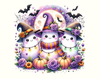 Cute Ghost Halloween PNG, Floral Ghost Sublimation Design, Fall PNG, Spooky png, Autumn Png, Instant Download