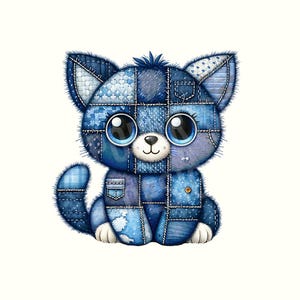 Könnte beinhalten: Ein blaues Patchwork-Kätzchen mit großen, runden blauen Augen und einer weißen Schnauze. Das Kätzchen besteht aus verschiedenen Blautönen, darunter Jeansstoff, und hat ein kleines Taschen Detail. Das Design ist skurril und kindlich.