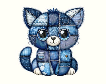 Clipart di gatto patchwork in denim, download digitale di gatto in jeans, sublimazione