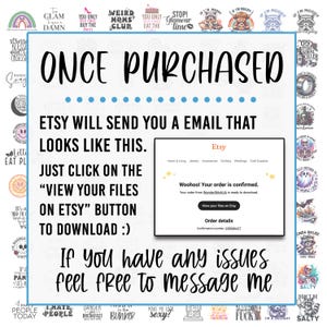 May include: A white background with blue text that says "Once Purchased" in large letters. Below the text is a screenshot of an Etsy email that says "Woohoo! Your order is confirmed. Your order from WonderStitchUK is ready to download." The email also has a button that says "View your files on Etsy". Below the screenshot is more text that says "If you have any issues feel free to message me".