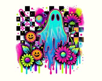 Trendy Neon Floral Retro Ghost Halloween Png, Spooky Boo Ghost Coquette Sublimation Design Png, Preppy Halloween Png, Spooky Vibes Png
