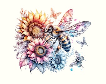 Bee Clipart Watercolor, Floral Bees PNG Clipart Set, Printable Watercolor Clip Art Bundle, Flowers and Bees Sublimation Designs