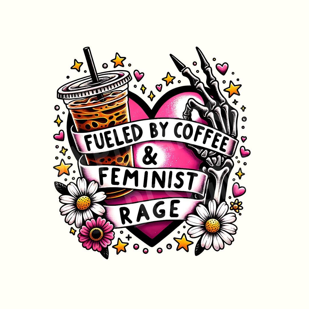 Gevoed door koffie en feministische woede png, skeletfeministische png, skelet esthetische feministische png, sublimatiefeminisme png