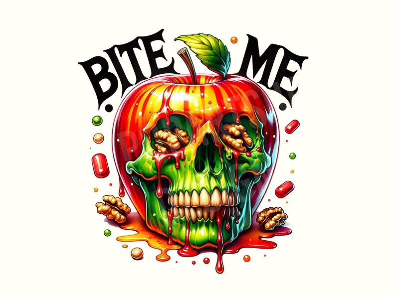 May include: A red apple with a skull face and dripping red and green liquid. The apple has walnuts for eyes and the text "BITE ME" is written above it.