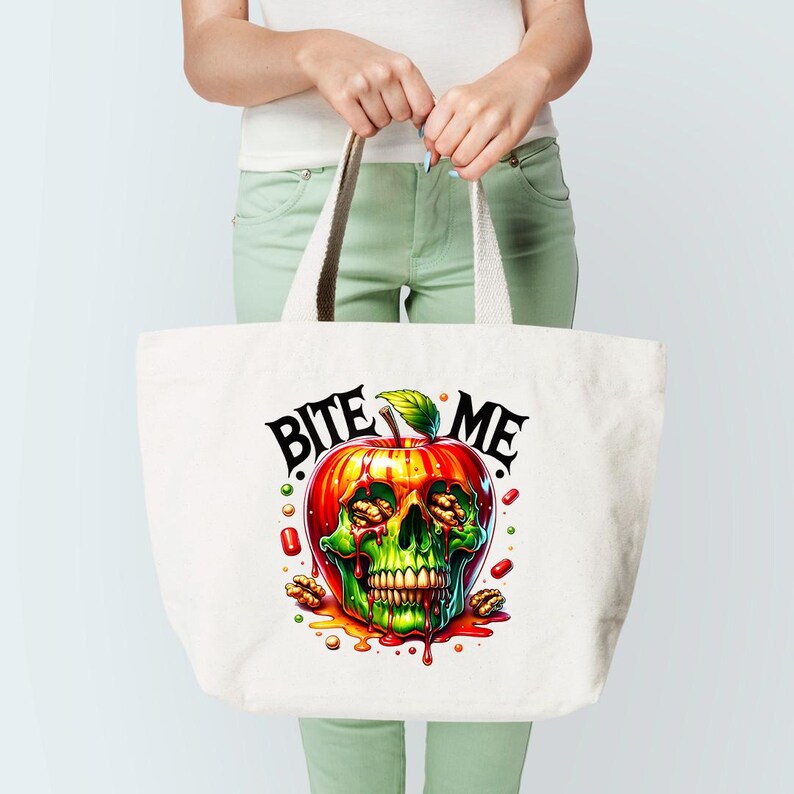 May include: A white tote bag featuring a red, green and yellow apple with a skull face and the text "Bite Me" printed on it.