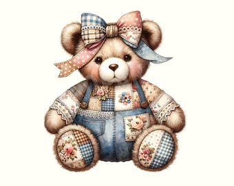 Patchwork Teddy Bear Png Clipart, Coquette Png, Baby Shower, Digital Download, Sublimation