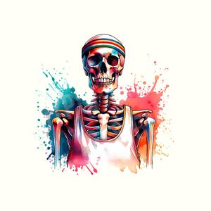 以下が含まれることがあります： 虹色のヘアバンドと白いタンクトップを着た、水彩画の骸骨のイラスト。骸骨は、青、赤、オレンジの色合いのカラフルなペイントスプラッターの背景に設定されています。このアートワークは、気まぐれで芸術的なスタイルです。