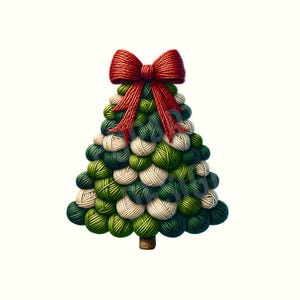 May include: A Christmas tree made of yarn balls in shades of green and white, topped with a red yarn bow. The tree trunk is brown. The image is set against a plain white background.